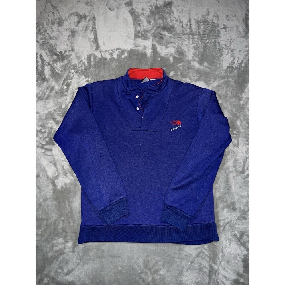 Vintage The North Face Extreme Sweater Size L Blue 1/4 Button Ski Outdoors FLAW